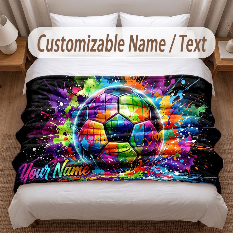 Soccer Theme Soft Blanket Personalized Custom Name Text Print Warm Blanket Home Sofa Bedroom Decor