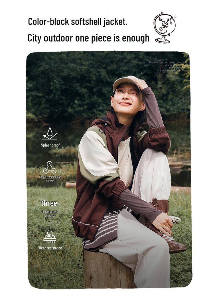 Colorblock Water-Repellent Softshell Jacket with Elastic Hem and Fleece Lining