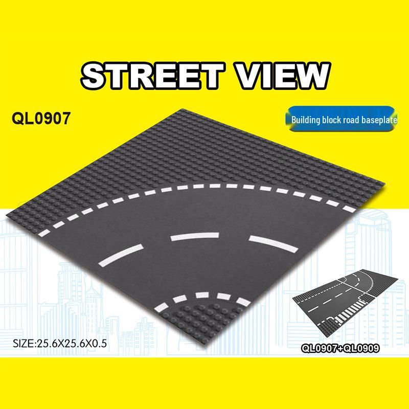 Street Scene 25x25CM Road Baseplate with Small Pegs - Single-Sided Race Track, Straight & Curved