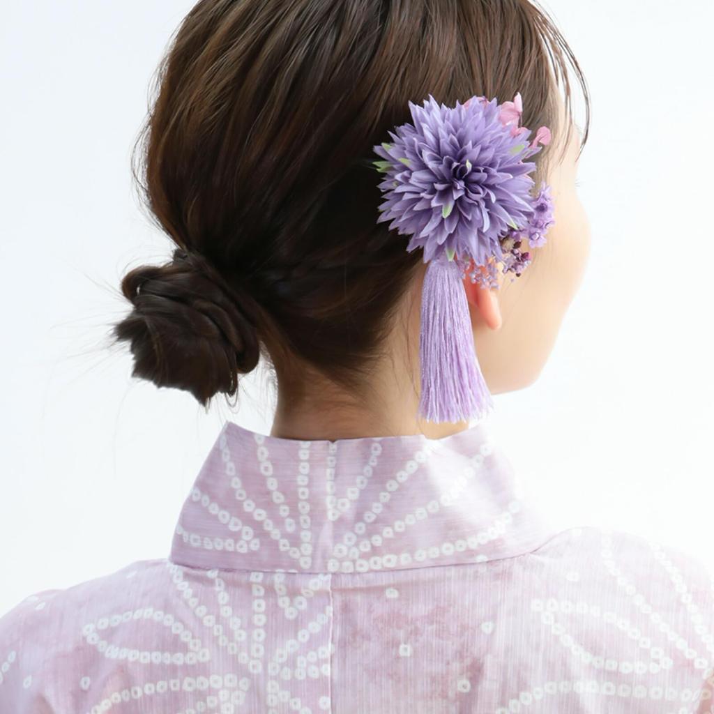 [Noelmarket] Hair Ornament for Yukata, Handmade in Japan, Preserved Flower, Baby's Breath, Dahlia-style Flower, Tassel, for Coming-of-Age Ceremony,
