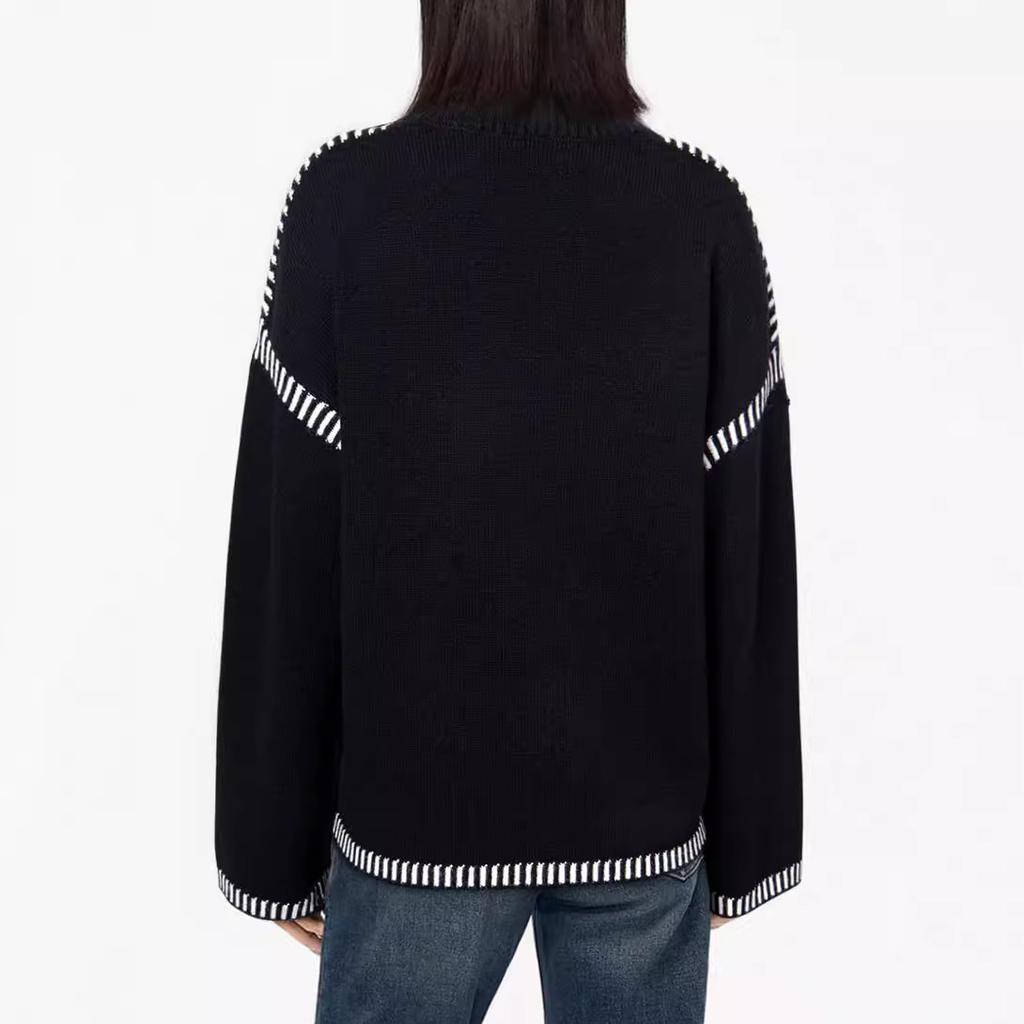 Autumn and Winter Women's Sweater Solid Color Round Neck Loose Long-sleeved Contrast Color Twisted Knitted Pullover Sweater Top