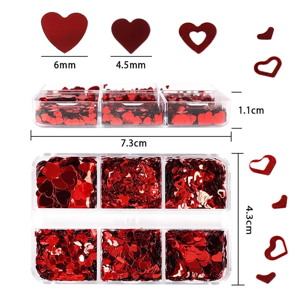 Valentine’s Day Nail Glitters Red Heart Nail Art Sequins 3D Holographic Hollow Heart Love Nail Flakes Glitter Powder 6 Grids Heart Sparkly for