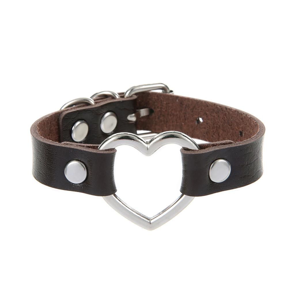 Silvery Heart Gothic Studded Bracelet Pu Leather Adjustable Black Wristband Rock Punk Cuff Bangles
