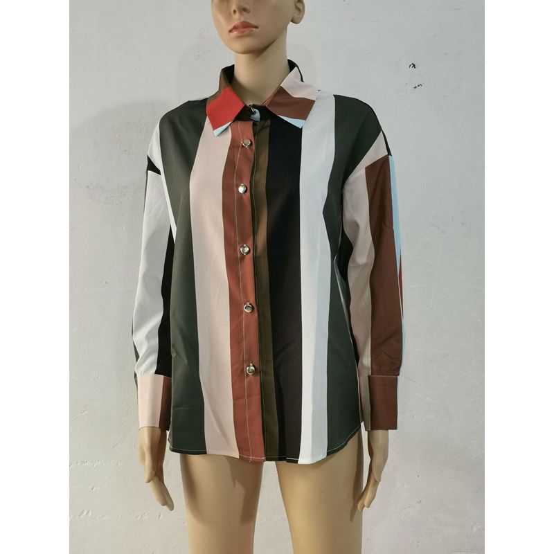 Europa und Amerika Border Hemd Locker Frühling und Herbst Druck Einreihiger Cardigan Laterne Langarmhemd für Damen