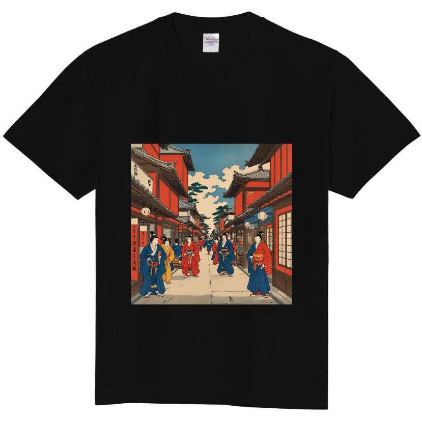 

Japanese Ukiyo-e Street Scene T-Shirt | Traditional Edo Town Art Print Tee S