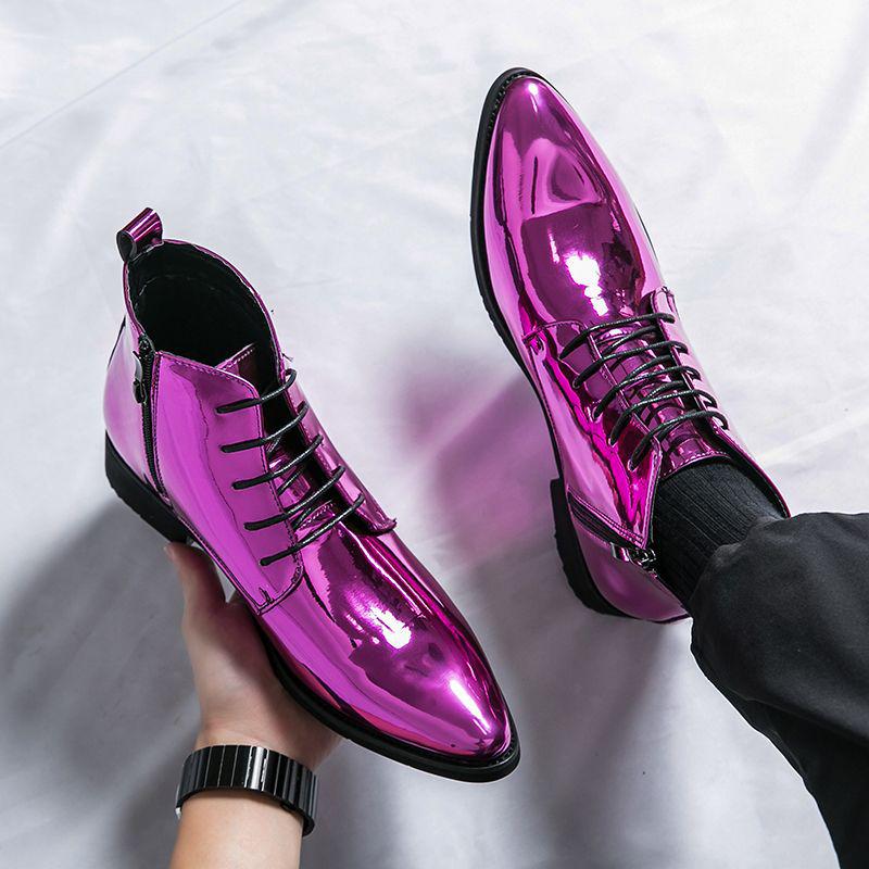 Men's Green Glossy High-Top Martin Boots - British Style Pointed Toe Chelsea Boots, Autumn Korean Trend.