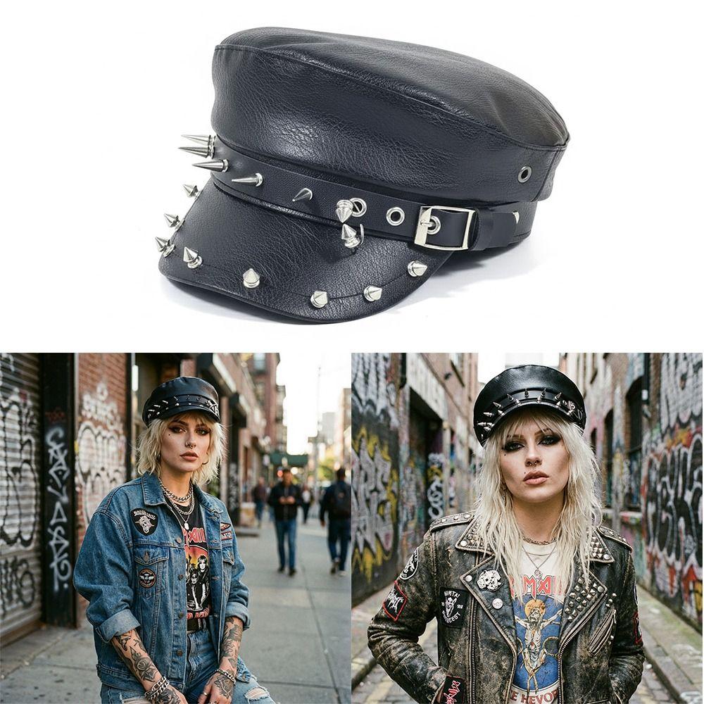 Gotisches Schwarzes Damen-Barett Pu-Leder Britischer Stil Hip Hop Kappe Vintage Nieten Punk Kappe Modeaccessoires
