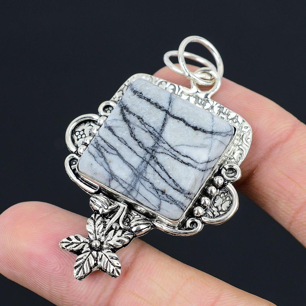 Spider Web Jasper Gemstone Anniversary Flower Pendant Jewelry Sterling Silver