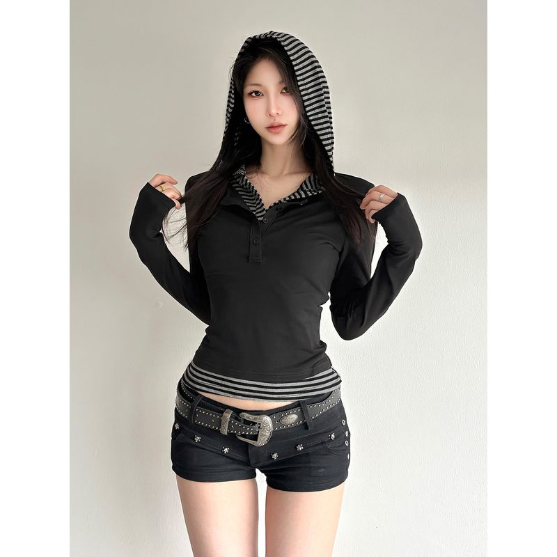 H's European and American Women's Clothing Retro Contrast Color Stripes Patchwork Fake Two-Piece Long Sleeves T-shirt Female Silm Slimming Hooded Tops