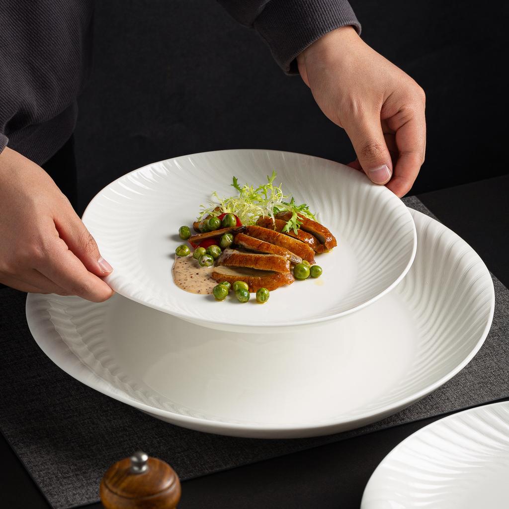 French Plate High Value Vegetable Plate Hotel Restaurant Ceremonial Tableware Household Ceramic Plate Striped Relief Western Plate