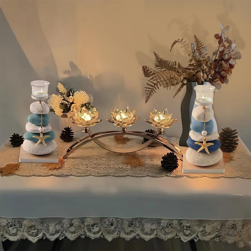 Nordic Style Stone Candlestick Decorative Ornaments Crafts Wooden Starfish Display Candle Holder Decor Valentine's Day Birthday