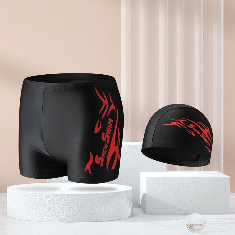 Men's Polyester Quick-Dry Flame Swim Trunks & Cap Set - Comfortable Plus Size Flat Leg Design for Hot Springs