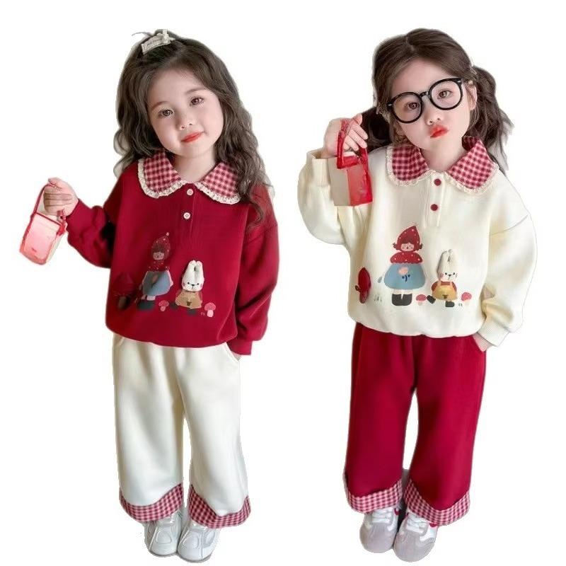 Herbst Kinder Mädchen Kleidung Stickerei Umlegekragen Karierter Sweatshirt Anzüge Locker Gerade Hose Outfits