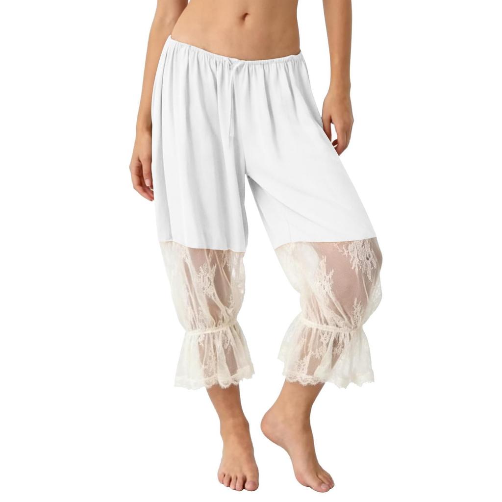 Women Ruffle Lace Trim Capris Low Cropped Pants Vintage Casual Pantaloons Pant