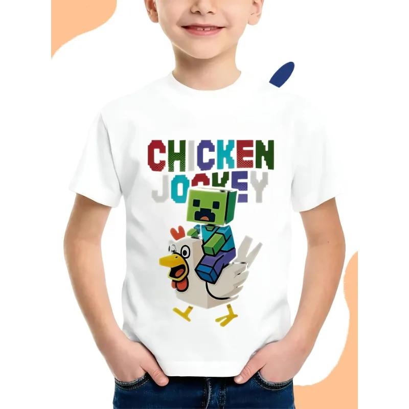 Boy Cartoon Chicken Jockey Pattern T-shirt Breathable and Comfortable Short Sleeved Round Neck T-shirt Casual Summer T-shirt S чёрный