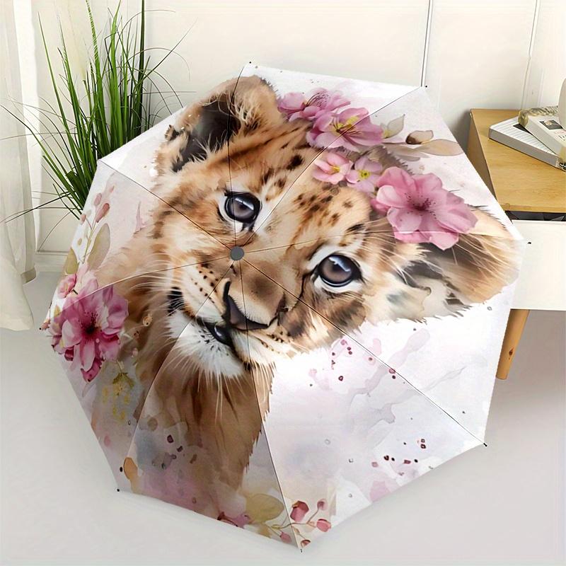 

1pc Little Lion & Flowers Durable Cartoon Folding Umbrella, Portable 3-Fold Compact Umbrella for Men and Women, Suitable for Travel or Daily