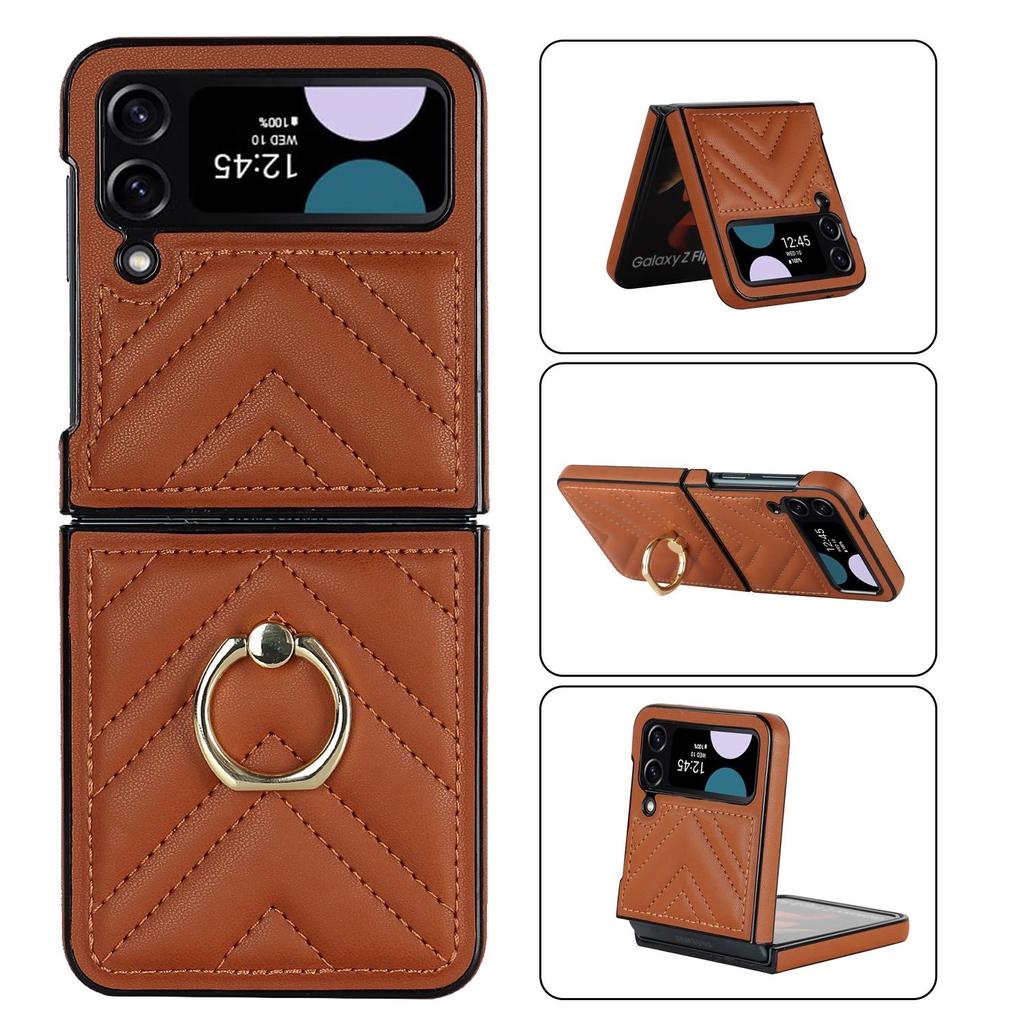 Fashion Leather Phone Case with Ring Bracket for Samsung Galaxy Z Flip 5 Case Z Flip 4 Case Z Flip 3 Folding Screen Anti-fall Protection Cover