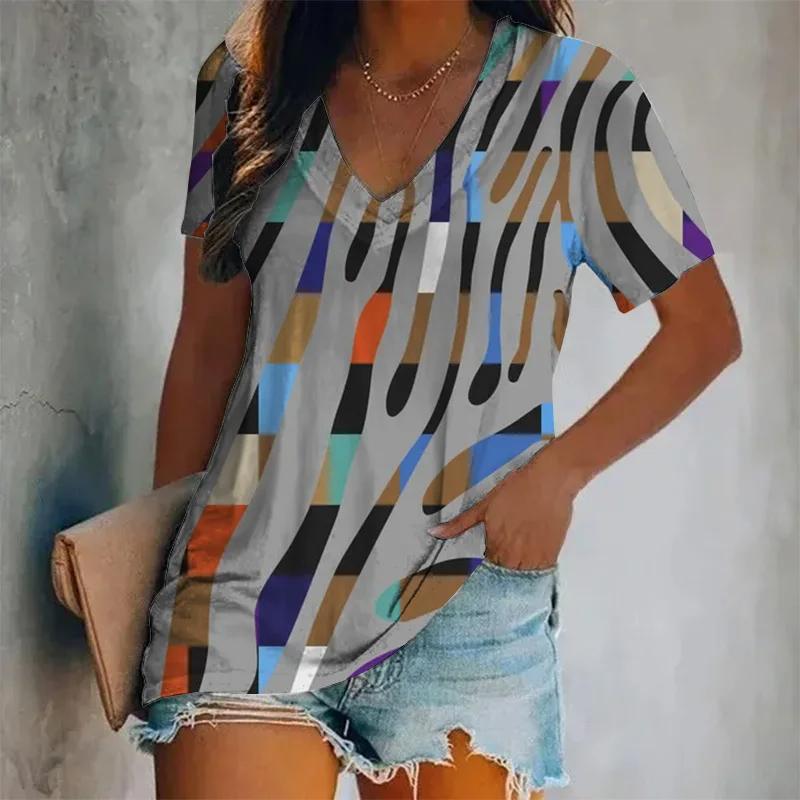 New Summer Women Vintage T-shirt Leopard Print V-Neck Tops Tees Female Fashion Short Sleeve Clothing Ladies Daily Casual Outfit