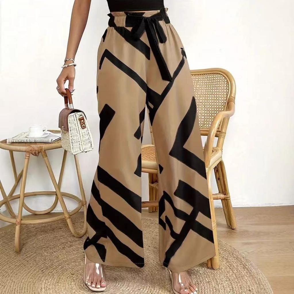 women's Casual Geometric Print Elastic High Waist Self Tie Wide Leg Long Trousers Summer Beach Palazzo Pants