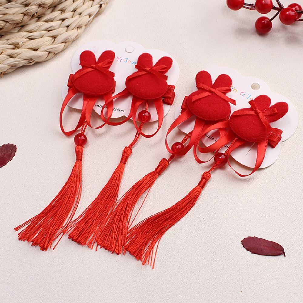 2pcs Tassel Baby Wig Hairpin Chinese Style Red Bowknot Hairclip Children's Bow Wig  New Year Festive