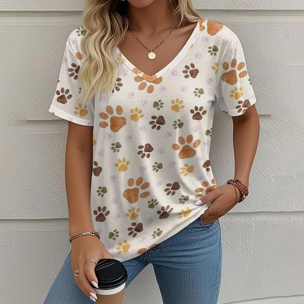 Summer V-neck 3D Printed Cat's Paw Pattern Top Fashionable Casual Short Sleeved Women's T-shirts