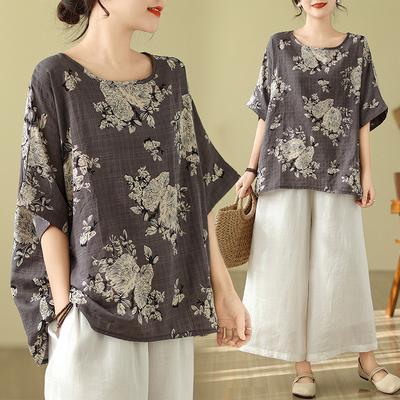 Cotton and Linen Large Size Women's Printed T-shirt Summer Ethnic Style Bat Sleeves Slimming Mother Loose Floral Top