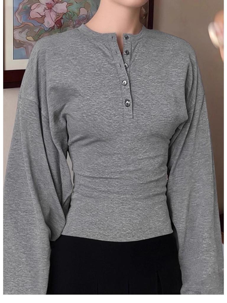 Damen Grau Retro Henley Großärmel Schlankmachendes Oberteil