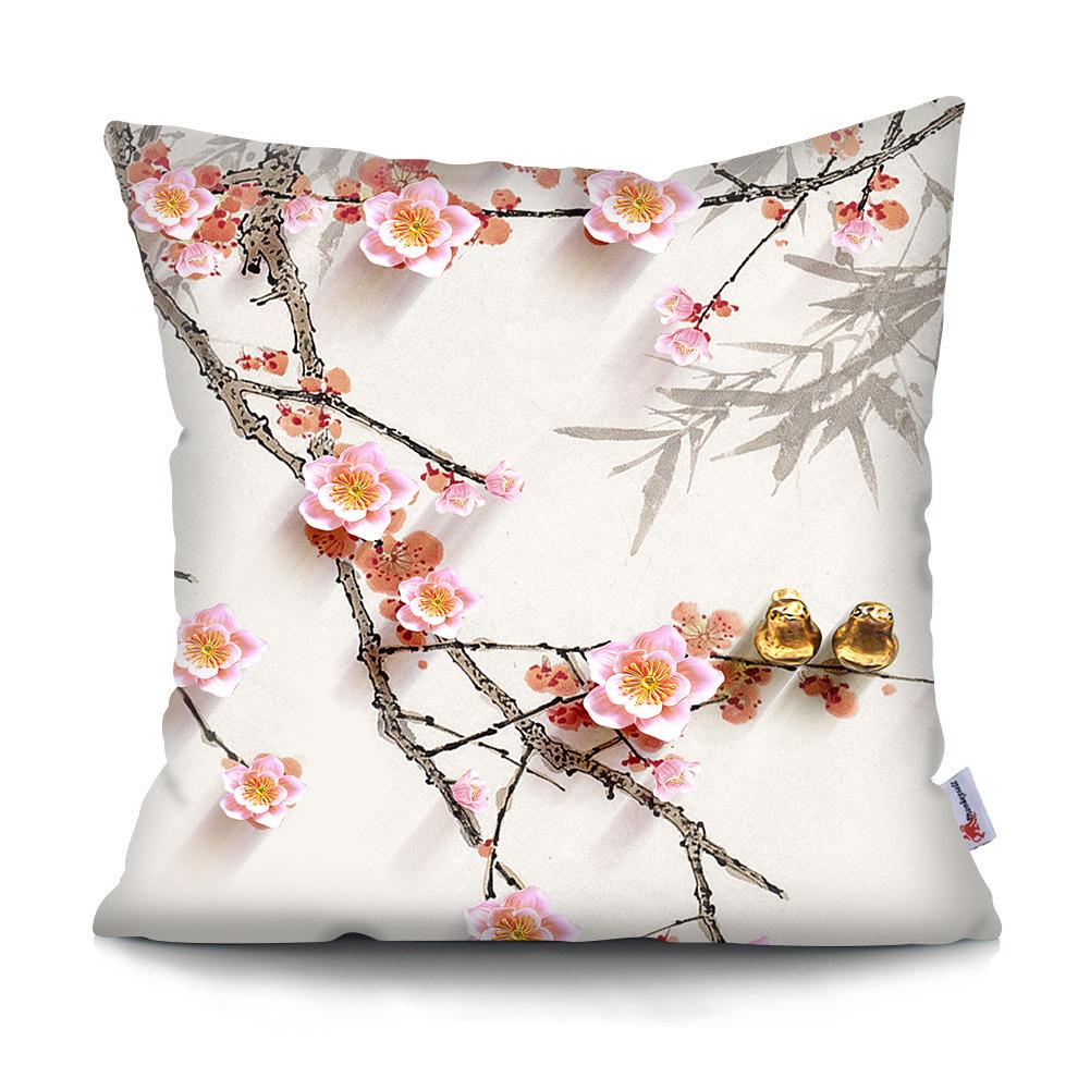 Square Chinese Landscape Painting Cushion Cover Vintage Plum Blossom Pillowcase
