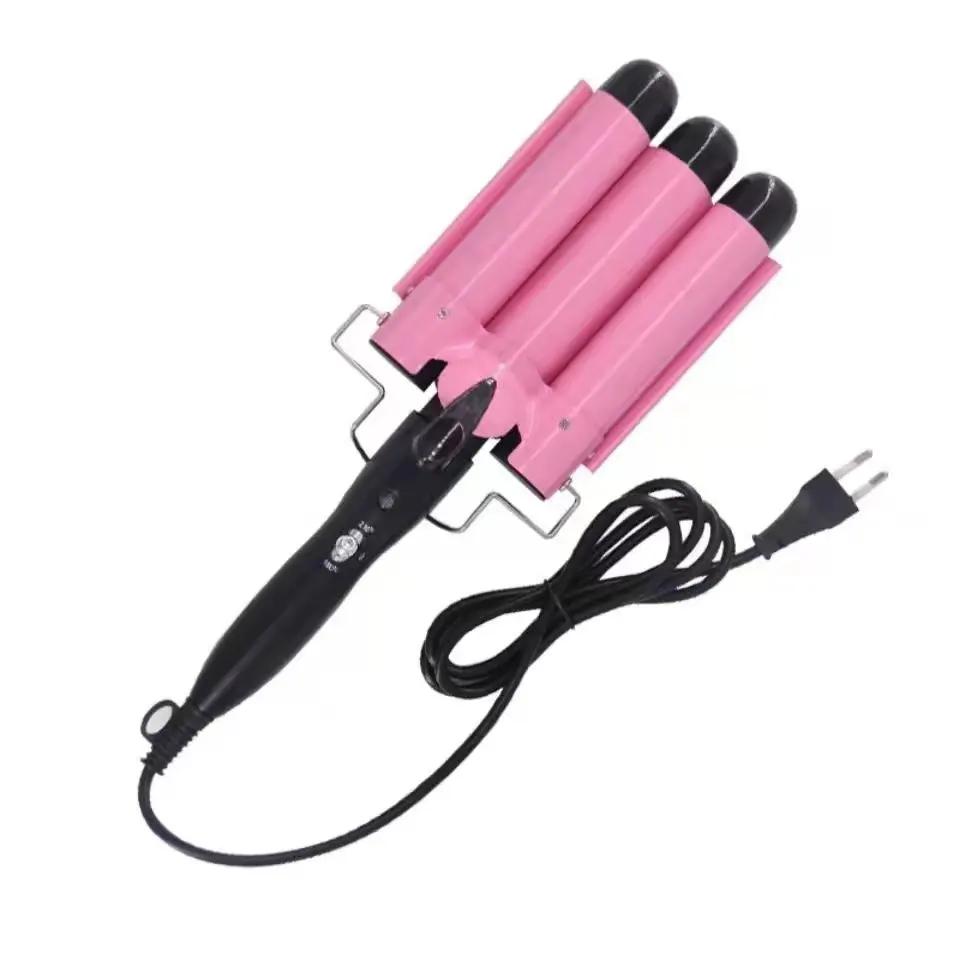 

3 Barrel Curling Iron Hair Crimper Portable Temperature Adjustable Ceramic Wave Iron Wand Curler DIY Curly Hair Stylin US розовый