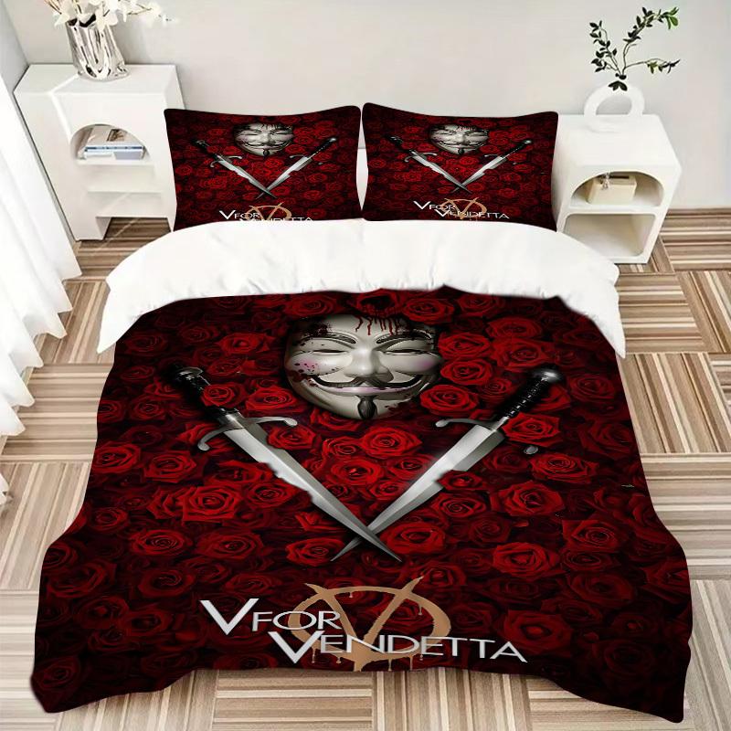 3pcs V for Vendetta Bedding Set, Soft Polyester Duvet Cover and Pillowcases Machine Washable Seasons all suitable & Guest Room Decor213