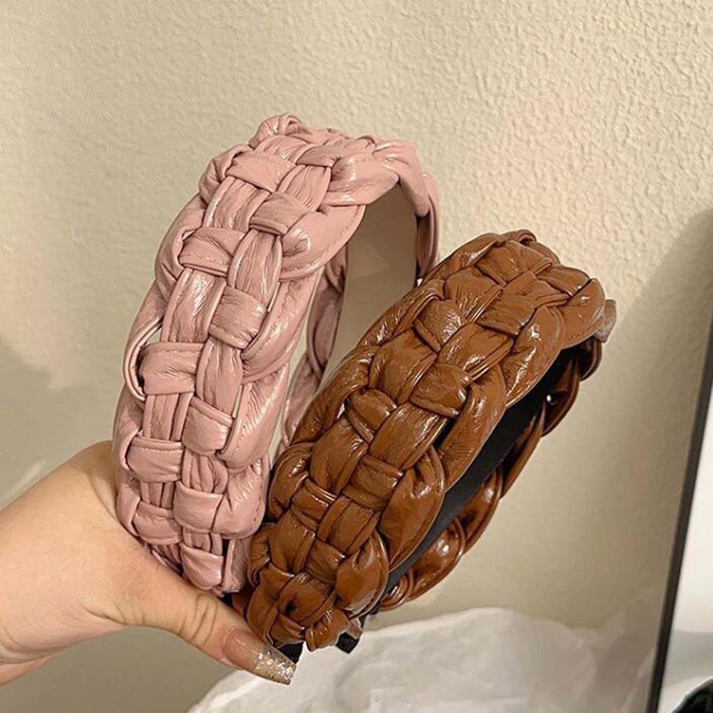 PROLY New Fashion Hairband For Women Wide Side PU Leather Headband Handmade Braided Turban Girls Vintage Hair Accessories
