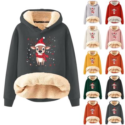 Kadın Modası Kapşonlu Dolgulu Kalınlaştırılmış Sıcak Noel Baskılı Bol Kazak Sweatshirt