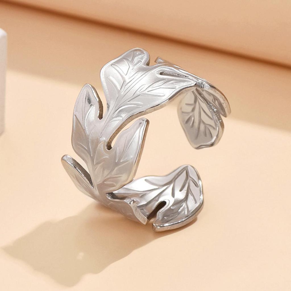 Gold-Plated Stainless Steel Open Ring - Women's Trendy Leaf Design
