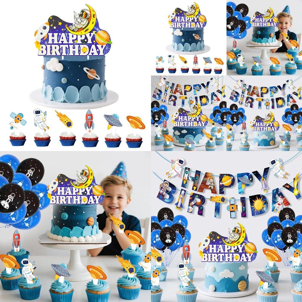 Astronaut Space Theme Birthday Party Decorations With Paper Flags And Balloons For Kid