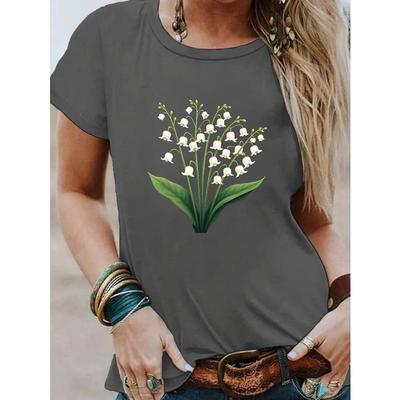 Casual Short-Sleeve Crew Neck T-Shirt Featuring A Cluster Print of Lily of The Valley Flowers, Perfect for Spring and Summer, Designed for Women