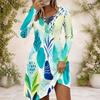 Women Criss Cross V Neck Long Sleeve Fitted Printed Dress Blue Green Curved Hem