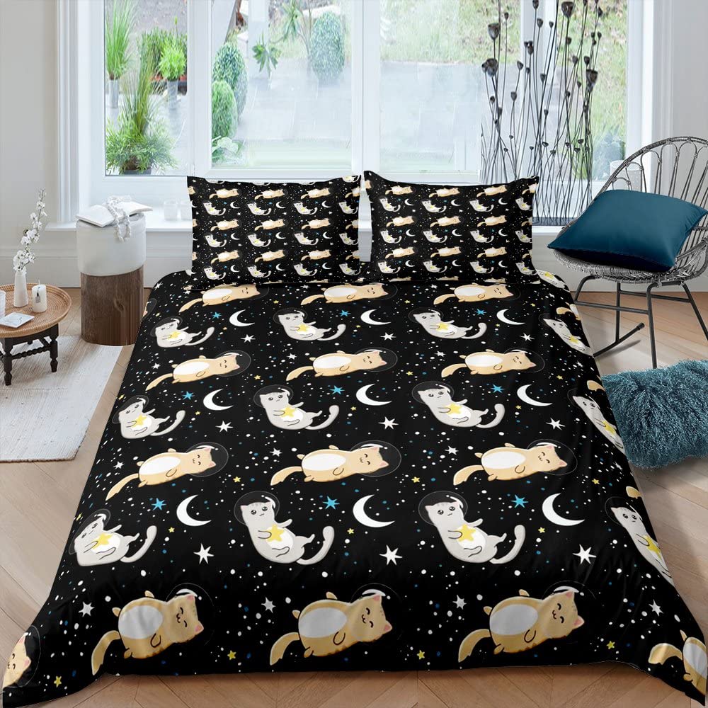 Galaxy Cat Duvet Cover Universe Galaxy for Kids Boy Girl Cute Kitten Printed Outer Space Planets Quilt Cover Bedroom Decorations