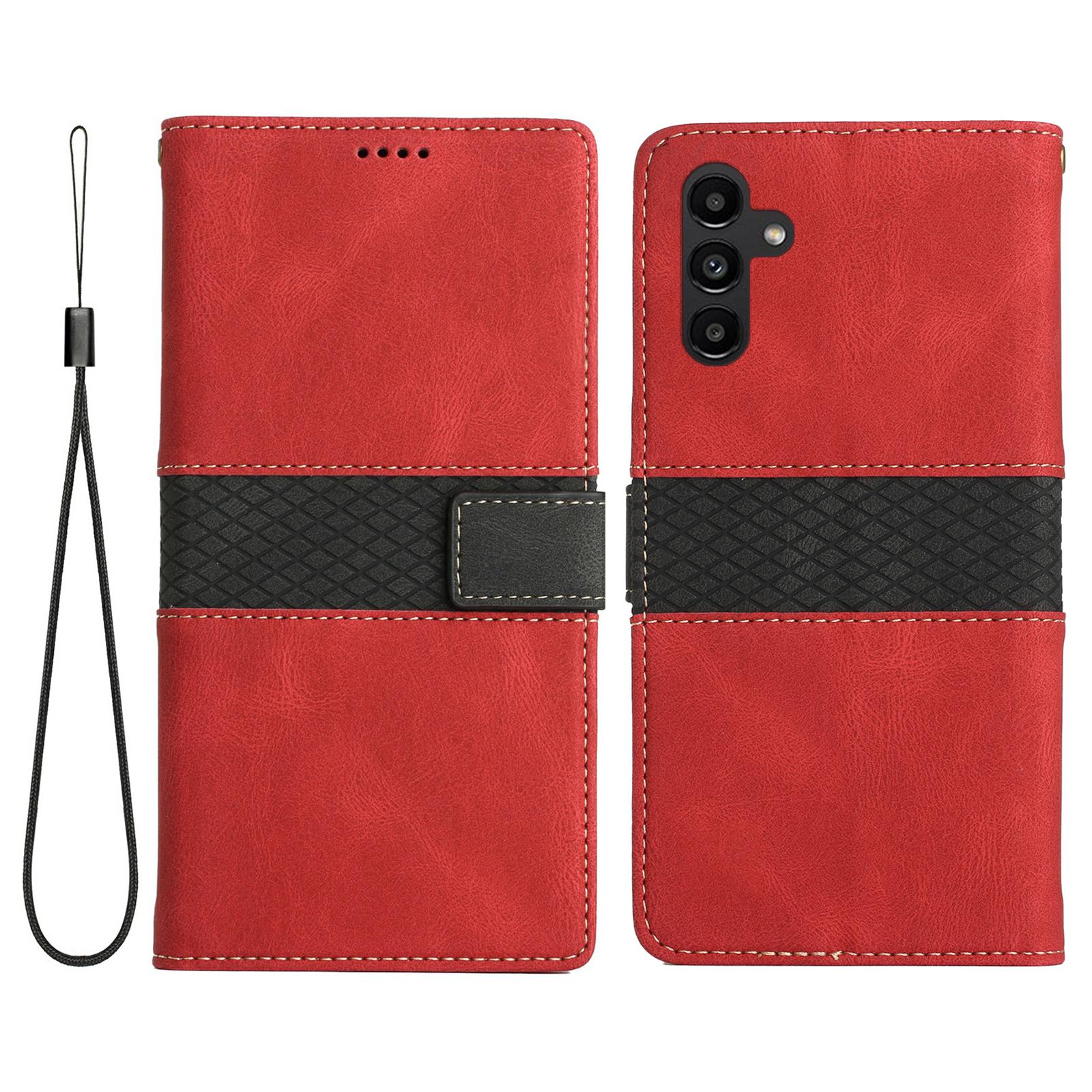 

For Samsung Galaxy S25+ Leather Case Grid Splicing Stand Wallet Phone Cover Red