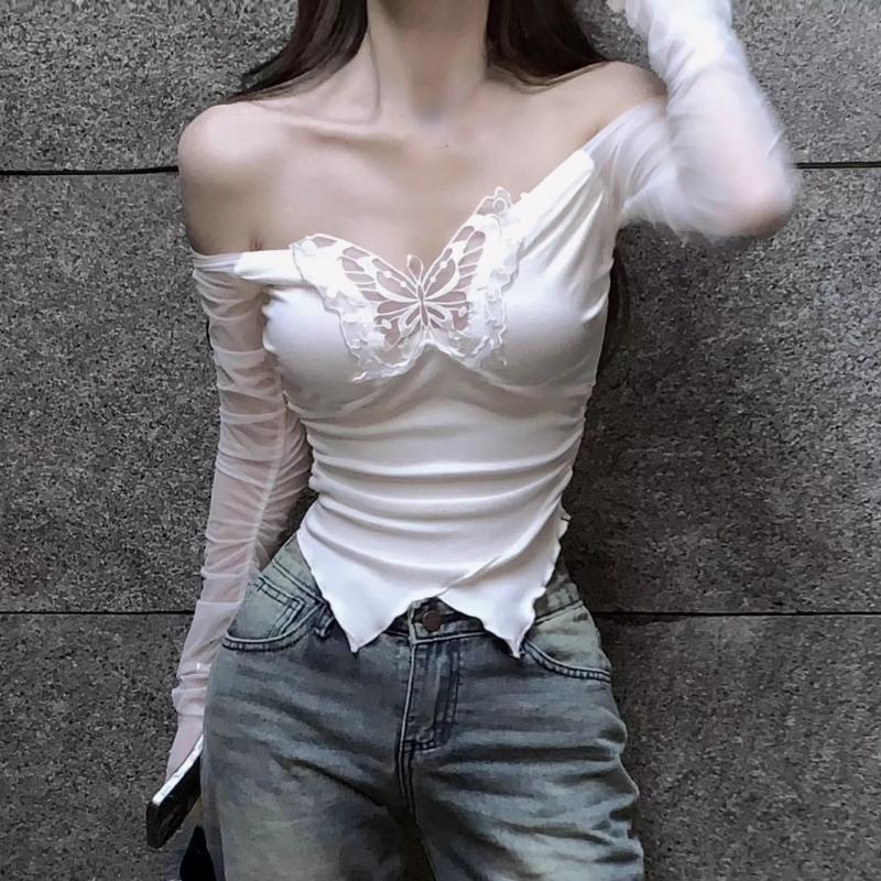 Korejská trička Deeptown v korejském stylu Dámské Estetické Motýlí Síťované topy Sexy Coquette Y2k Kpop trička s dlouhým rukávem