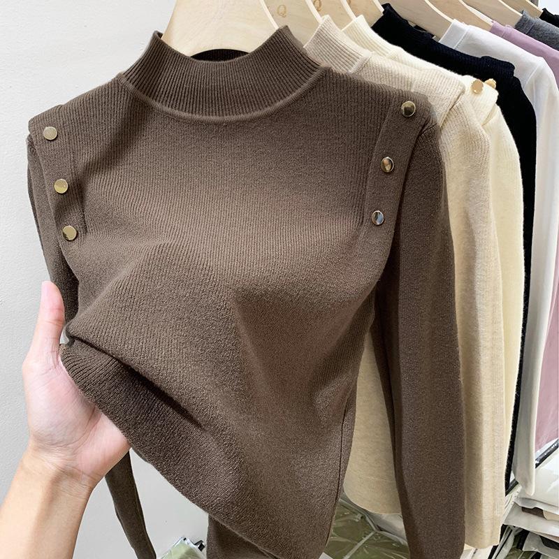 Button Turtleneck Knitted Women Sweater Pullovers Autumn Winter Basic Women Sweaters Fit Soft Warm Tops