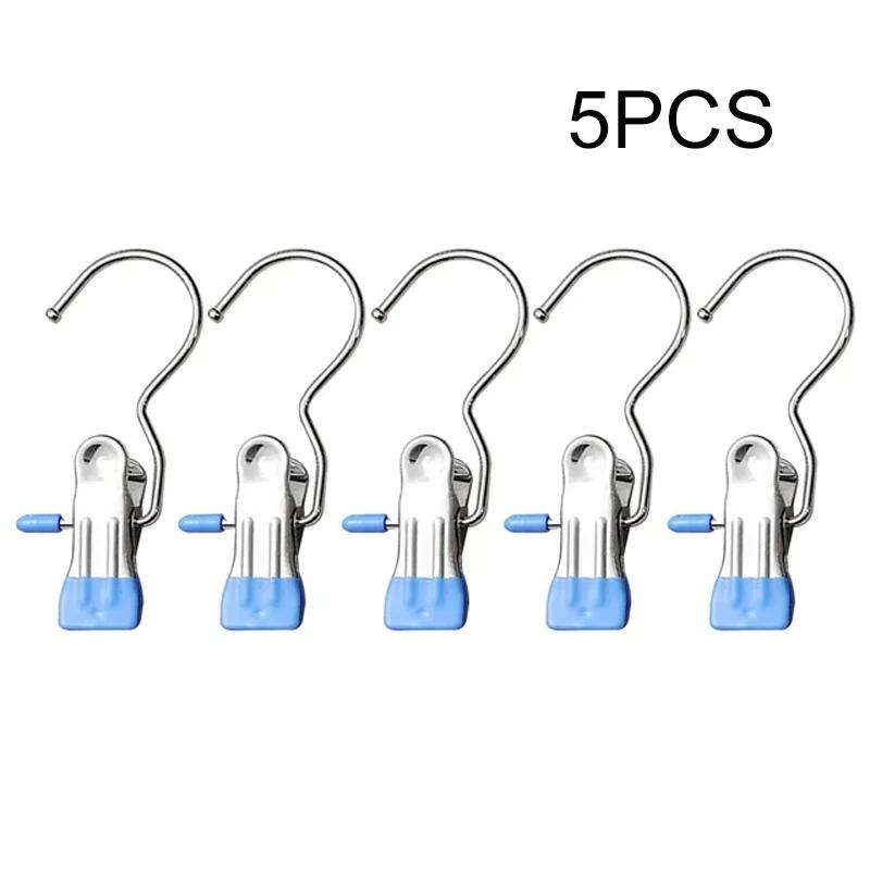 

5pcs Stainless Steel Clothespins Laundry Clothes Pegs with Hook Portable Hanging Clothes Clip Wardrobe Clothes Organizer Hanger