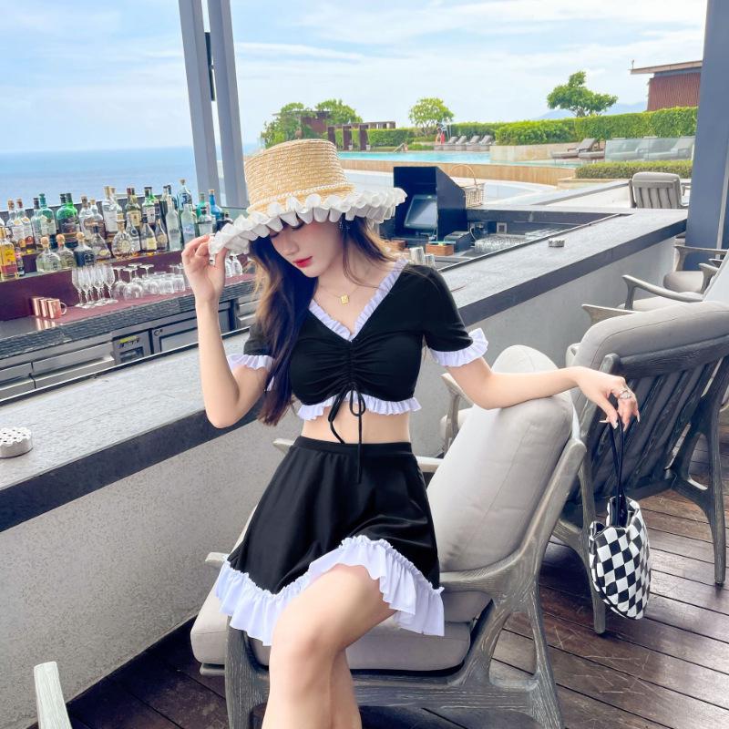 

Женский купальник с высокой талией, пуш-ап, с юбкой, с контролем живота M [Recommended for 90-100 jin] чёрный