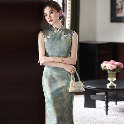 Green Sleeveless Modern Chinese-Inspired Long Cheongsam Dress Women 2026 Retro Style With Gold Thread Embroidery
