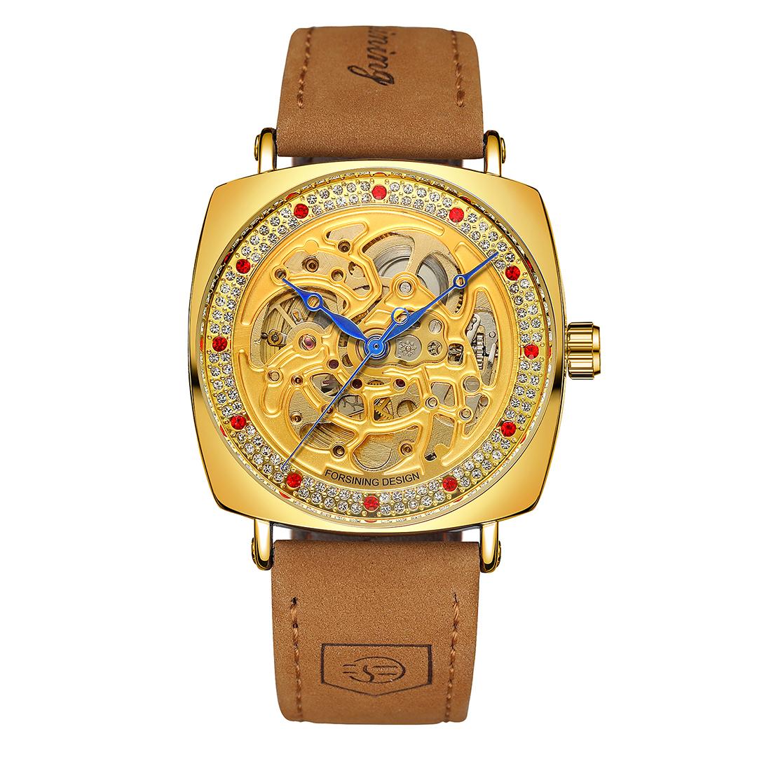 

Водонепроницаемые автоматические механические часы с маховиком, мужские креативные прямоугольные часы с инкрустированным бриллиантами, праздничный подарок золотой