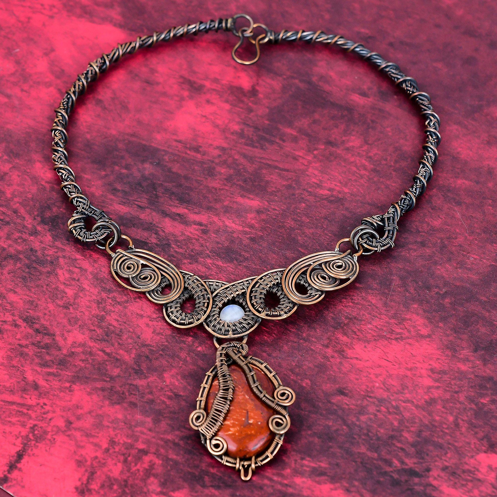 Red snakeskin jasper necklace copper wire wrapped necklace genuine gemstone jewelry handmade necklace rainbow moonstone necklace for gifts