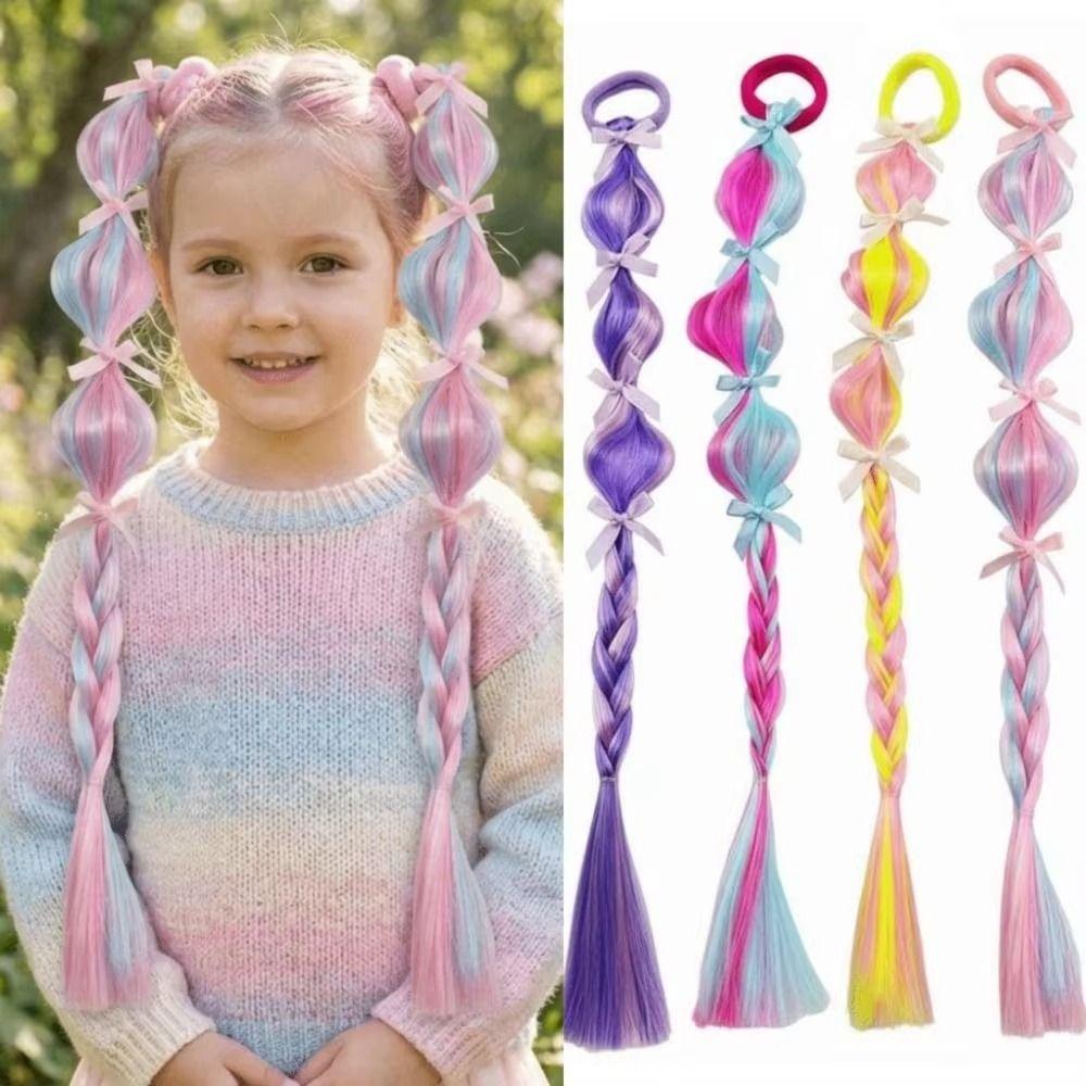 2PCS Colorful Children's Wig Braids Handmade Colorful Braided Hair Ties Wig Ponytail Cosplay Use