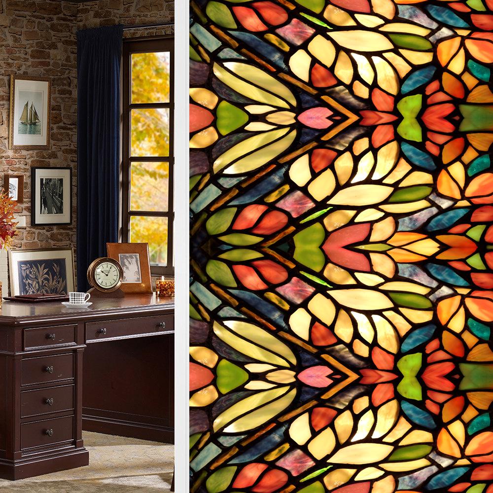 Colorful Retro Floral & Bird Static Cling Window Film - No Glue, Removable