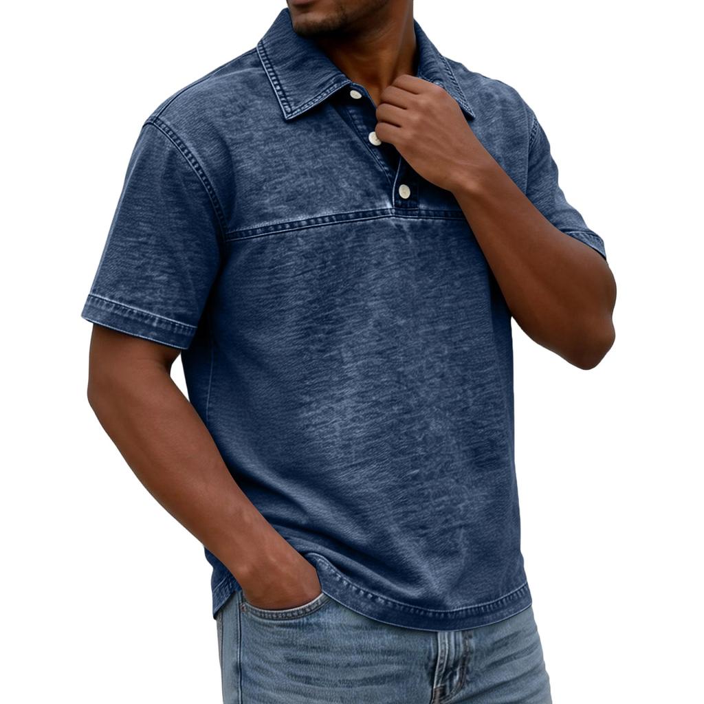 Men's Button-down Short-sleeved Fitted Distressed Washed -neck Casual Shirt