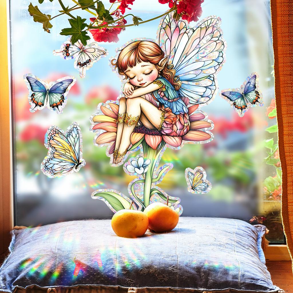 Xc6030 Schmetterlingsblumenfee Bunter Sonnensammler Fensteraufkleber Elektrostatischer Glasaufkleber Zweiseitiger Visueller Elektrostatischer Aufkleber