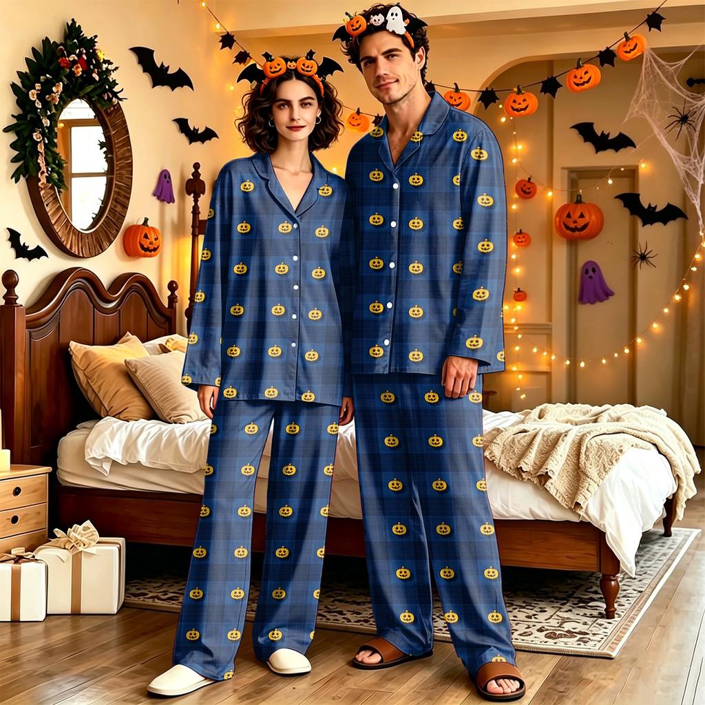 Adult Halloween Print Long Sleeve Pajama Set with Pants, Casual Loose Fit Loungewear